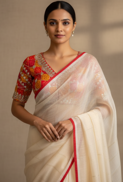 Elegant designer saree paired with a ready-made blouse in vibrant colors and intricate embroidery