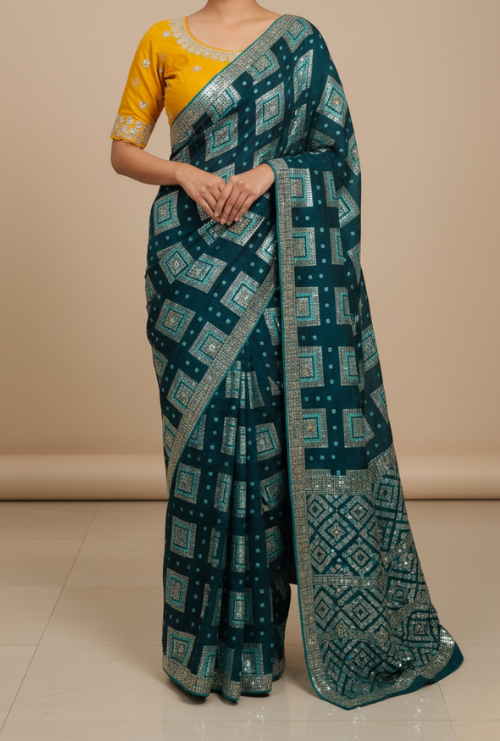 Blue designer saree with matching ready-made blouse for festive occasions