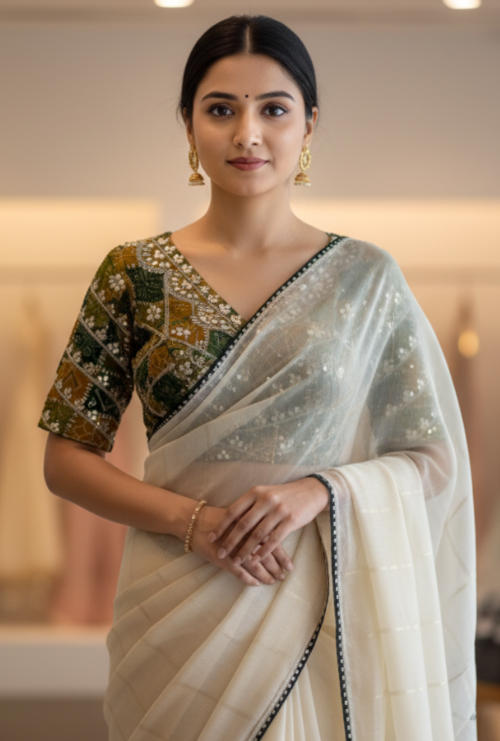 Elegant designer saree paired with a ready-made blouse in vibrant colors and intricate embroidery